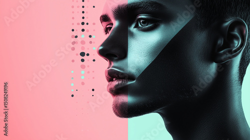 Portrait of a young man, divided into two parts with a contrasting color palette - pink and mint. Half of the face is illuminated by mint light.