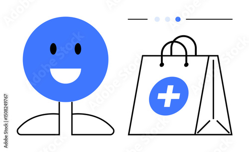 Blue smiling character next to a shopping bag with a medical cross icon. Ideal for healthcare, e-commerce, telemedicine, online shopping, customer satisfaction, service promotion, simple landing page