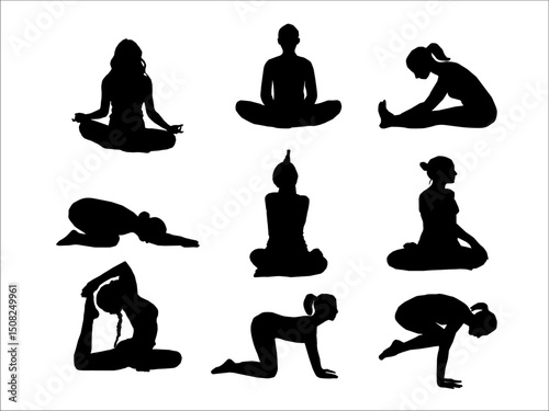 yoga silhouettes set. silhouette of yoga. silhouettes of yoga. Silhouttes of a woman. Silhoutte of a woman doing yoga. A collection of black vector silhouettes of women practicing various yoga poses. 