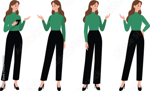 Vector illustration of four businesswomen in green tops and black pants standing isolated on white background, modern flat design, professional female characters set
