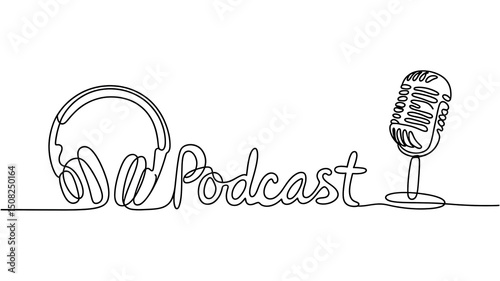 Retro microphone and headphones radio podcast concept simple continuous one line drawing  . Transparent background png file