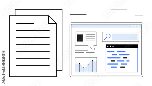 Modern interface with charts, search bar, and organized data alongside physical documents. Ideal for analytics, research, strategy, planning, data management, education simple landing page
