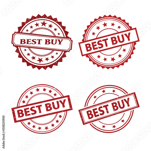 A set of four red rubber stamp, BEST BUY text, bold capital letters, distressed effect 
