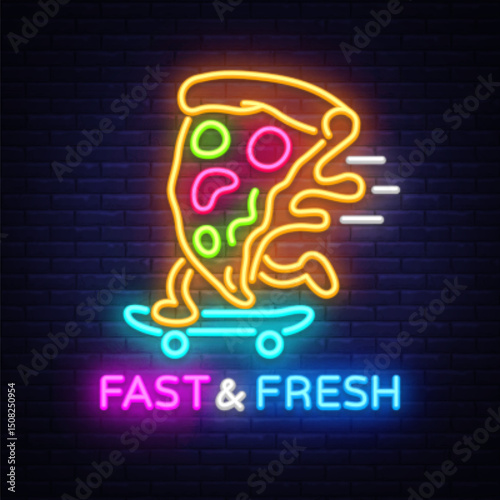 Pizza neon sign, slice on skateboard. Vector illustration with glowing text FAST FRESH on dark brick wall. Fun food delivery concept