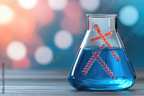 Chemical reaction experiment with colorful molecules in laboratory flask science setting close-up view vibrant background for educational content