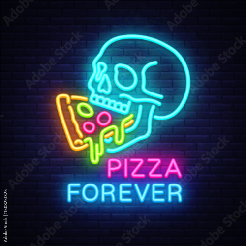 Pizza neon sign, skull eating slice. Vector illustration with glowing text PIZZA FOREVER on dark brick wall background.