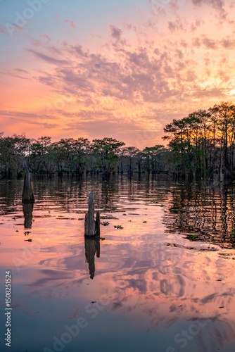 Pink sunset on the Achafalaya swamp with cypress and reflections