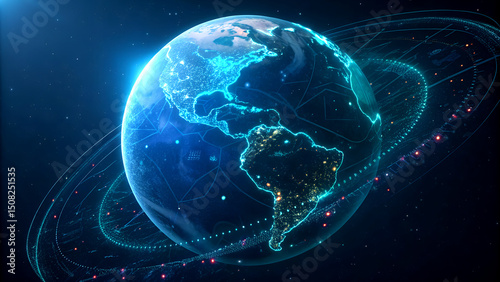 Futuristic digital globe with glowing data streams and AI nodes in deep space, showcasing advanced technology and artificial intelligence.