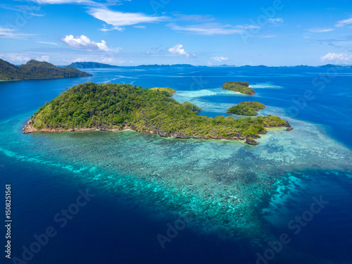 Aerial view of lush island and coral reef in Raja Ampat photo