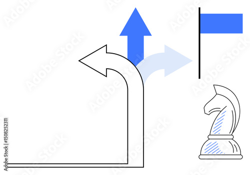 Chess knight next to upward and curved arrows pointing at a flag. Ideal for strategy, leadership, decision-making, goal setting, planning, guidance, and achievement concepts. Flat simple metaphor