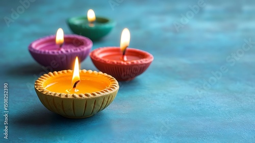 Colorful diyas on a teal surface.