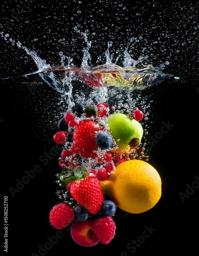Fruits, berries, splashing, falling, water, motion, vibrant, dark, background, freshness, vivid, juicy, underwater, splash, dynamic, colorful, refreshing, ripe, floating, isolated, glossy, wet, swirl,