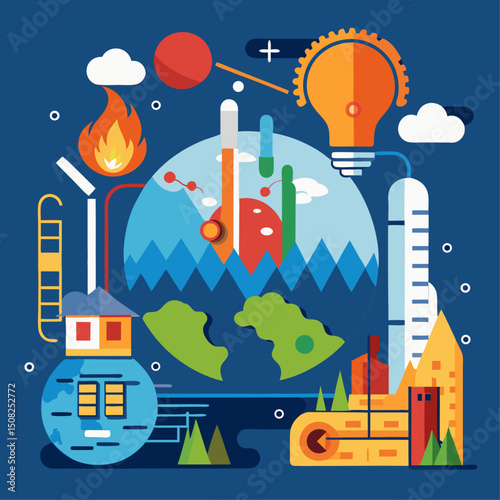 Flat Climate Change Vector Illustration Showing Global Warming, Energy, and Industrial Impact