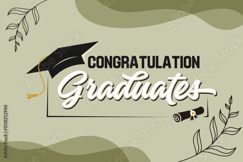graduation greeting sign with academic cap and diploma. Vector design for invitations, banners, and celebration cards. Suitable for school and university events.