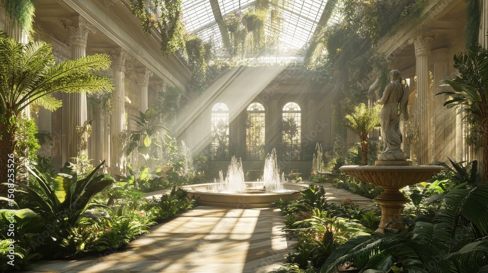 Indoor garden with plants fountain sunlight architecture and stone path.
