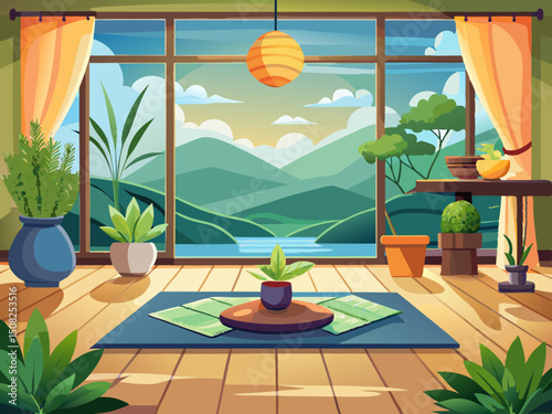 vector of Beautiful and clean interior background for yoga, zen, and meditation room, with calm and peaceful natural organic scenery.