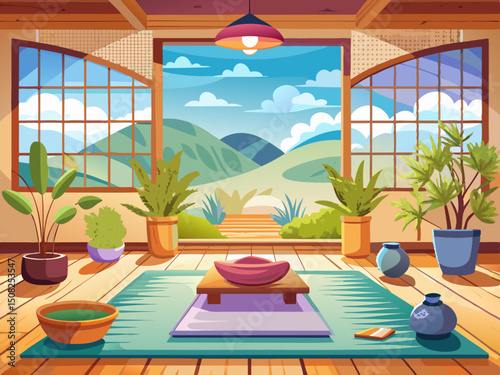 vector of Beautiful and clean interior background for yoga, zen, and meditation room, with calm and peaceful natural organic scenery.
