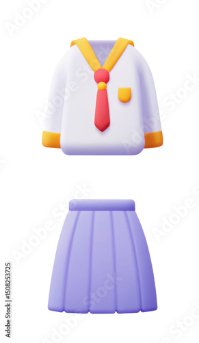 Colorful school uniform and accessories set including shirt with tie, notebook, skirt, and badge, perfect for back to school shopping