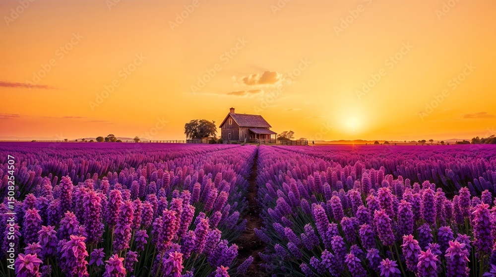 Naklejka premium Charming Farmhouse by a Lavender Field at Sunset - AI Generated
