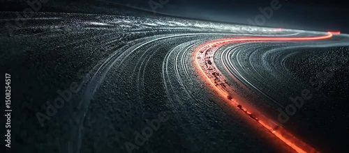 Futuristic glowing road line on dark asphalt curve
