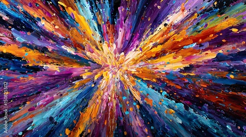 Burst Of Colorful Paint Splatters From The Center, Creating A Starburst Effect With Blue, Purple, Orange, And Yellow Hues Against Black. Abstract expressionism, wallpaper background