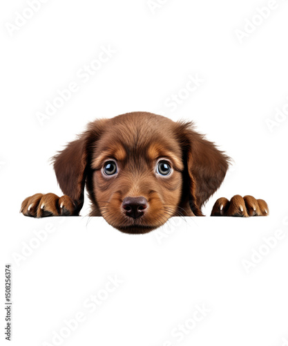Cute brown dachshund puppy Peeking a purebred domestic animal, is isolated on a white background