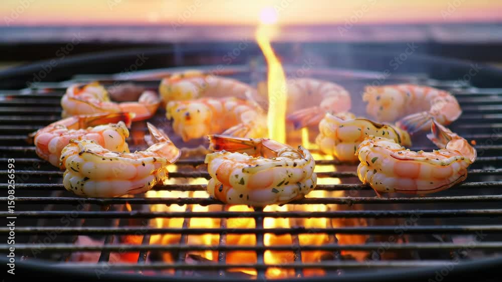 grilled shrimp on seaside fire close-up, cinematic orbit and zoom, sunset beach bokeh