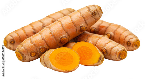 whole and sliced turmeric roots, showcasing the bright orange interior cross-section, highlighting their
