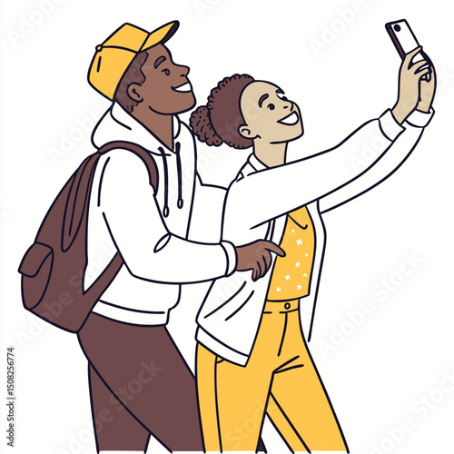 Couple Doing Selfie For Instagram Flat Color Vect
