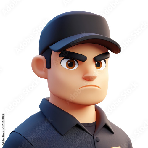 Stern Cartoon Man Portrait with Cap: A 3D Render of Security Guard Character with Angry Expression and Serious Attitude in Uniform, a Digital Artwork