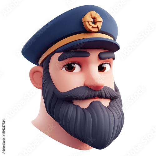 Cartoon Captain Character: A Nautical Portrait of a Bearded Sailor in a Navy Hat, Perfect for Marine, Sea, and Adventure-Themed Designs and Illustrations