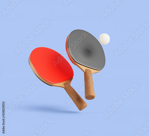 Fototapeta Naklejka Na Ścianę i Meble -  3d ping pong paddles, table tennis rackets with ball. Realistic render sports equipment. Red and black bat with wood handle and flying white pingpong ball isolated on blue background. 3D illustration