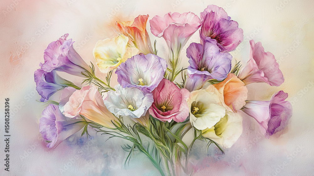 watercolor botanical Lisianthus flowers texture template background.Elegant wedding invitation card background . Minimal hand painted Design for wedding or Valentine's Day
watercolor botanical Lisianthus flowers texture template background.Elegant wedding invitation card background . Minimal hand painted Design for wedding or Valentine's Day