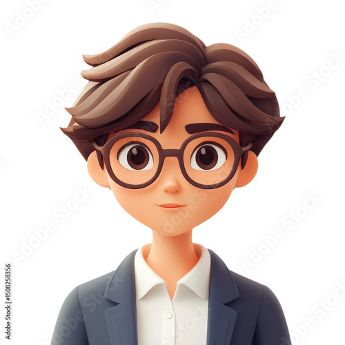 Cartoon Character Portrait: A Young Professional with Glasses in a Business Suit, Perfect for Corporate and Educational Designs, Featuring a Trendy and Smart Style