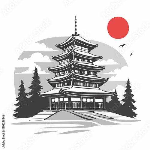 墨絵風の松本城を描いたベクター素材