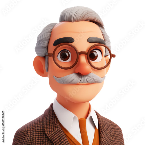 Cartoon Portrait of a Distinguished Gentleman with a Mustache and Glasses, Exuding Wisdom and Charm in a Classic Style, Vintage Character Design.
