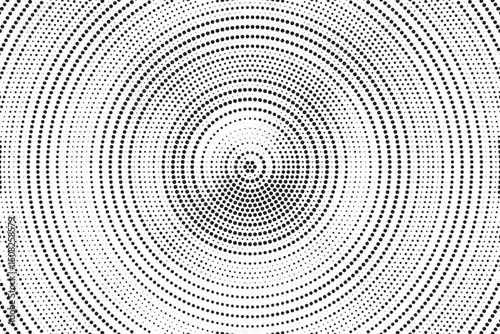 Radial halftone gradient background. Dotted concentric texture with fading effect. Black and white circle shade wallpaper. Grunge rough vector. Monochrome backdrop
