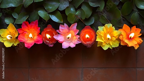 Colorful flower-shaped candles illuminating a wall.