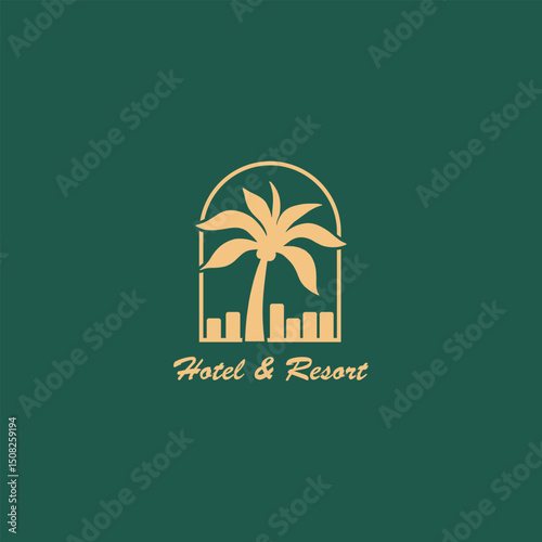 PALM HOTEL RESORT LOGO DESIGN VECTOR ILLUSTRATION