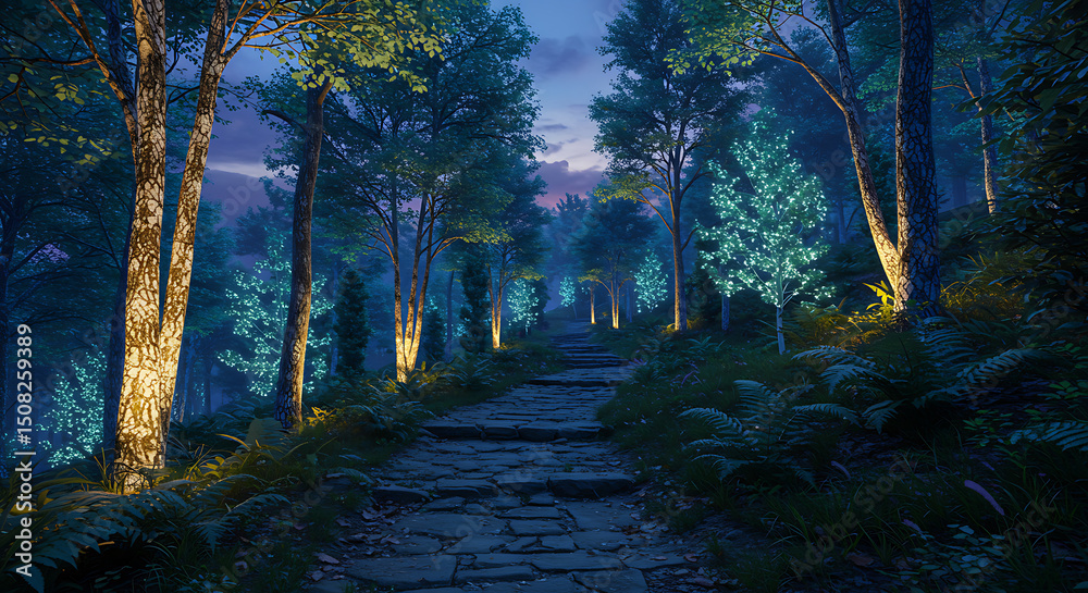 Fototapeta premium Enchanting Night Forest Path Illuminated Trees Stone Steps Magical Atmosphere