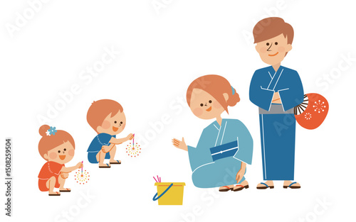 花火をする親子　夏休み　イラスト素材