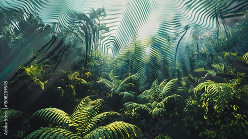 Lush tropical forest with dense vegetation and sunlight filtering through the trees.