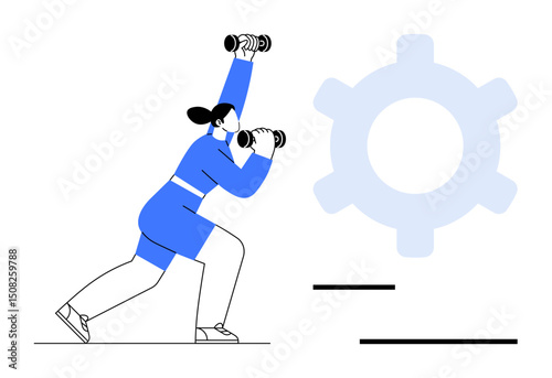 Person lifting dumbbells in active pose next to gear graphic symbolizing strength, productivity, and self-improvement. Ideal for fitness, teamwork, motivation, progress, health, personal growth