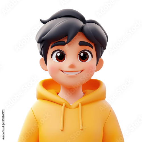 Cheerful Cartoon Boy Portrait in Hoodie: A Smiling Character Illustration for Youthful Designs and Modern Graphics (Isolated Studio Image)