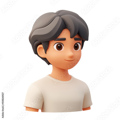 Charming Cartoon Boy Portrait: A Friendly & Engaging 3D Character Rendering in Modern Minimal Style, Perfect for Animation & Design Projects