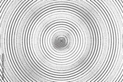 Radial halftone gradient background. Dotted concentric texture with fading effect. Black and white circle shade wallpaper. Grunge rough vector. Monochrome backdrop