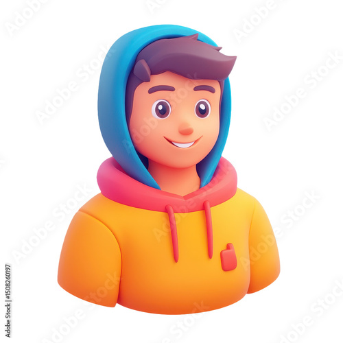 Vibrant 3D Cartoon Character: A Modern Avatar Illustration of a Cheerful Young Boy in Hoodie, Perfect for Digital Design and Youthful Representation.