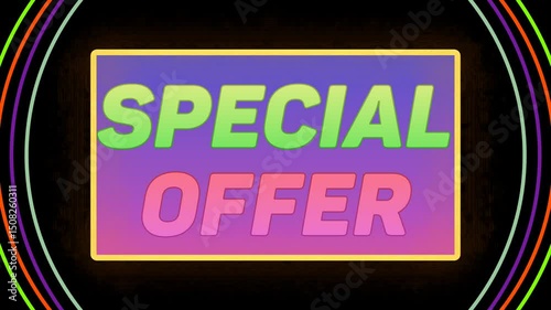  Pop up animation of SPECIAL OFFER text and rectangle side electric and background group of colorful flashing circle lines