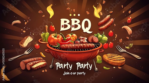 Delicious barbecue party invitation featuring food items.