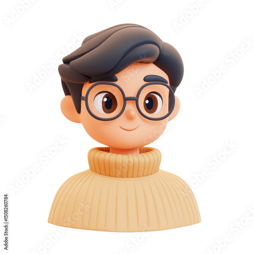 Charming 3D Cartoon Character: A Cheerful Boy with Glasses and a Stylish Sweater, Radiating Joyful Innocence and Modern Design